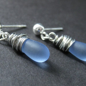 Clouded Blue Dangle Earrings in Glass Teardrops Wire Wrapped in Silver. Handmade Jewelry