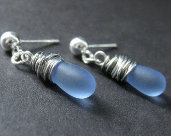 Clouded Blue Dangle Earrings in Glass Teardrops Wire Wrapped in Silver. Handmade Jewelry by Gilliauna