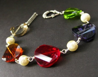 Rainbow Crystal Bracelet in Silver and Ivory Pearl Bracelet. Handmade Jewelry.