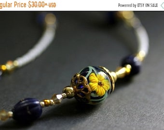 SUMMER SALE Beaded Floral Eyeglass Holder. Hibiscus Badge Lanyard. Navy Blue Handmade Lanyard. Dark Blue and Yellow Eyeglass Chain. Beaded I