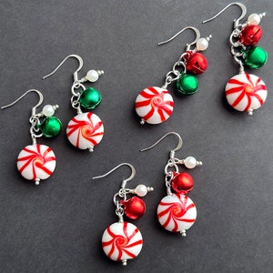 Peppermint Jingle Bell Earrings. Lampwork Glass Christmas Earrings. Peppermint Candy Earrings. Fun Christmas Jewelry. Holiday Earrings.