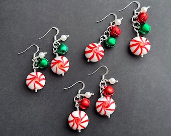 Peppermint Jingle Bell Earrings. Lampwork Glass Christmas Earrings. Peppermint Candy Earrings. Fun Christmas Jewelry. Holiday Earrings.