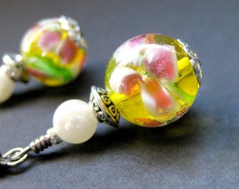 Floral Beaded Earrings Yellow Lampwork - Peony Sunshine. Handmade Earrings.