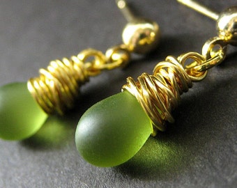 Green Earrings: Wire Wrapped Earrings. Gold Stud Dangle Earrings. Handmade Earrings.