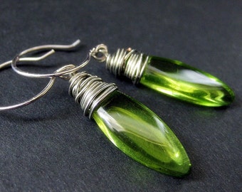 Green Glass Dangle Earrings: Silver Wire Wrapped Handmade Jewelry