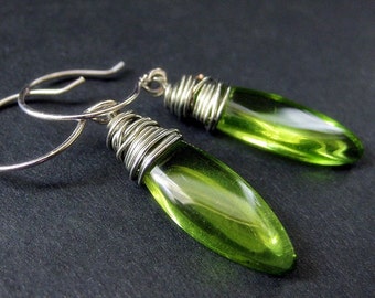 Green Dangle Earrings: Silver Wire Wrapped Earrings with Elliptical Glass Drops. Handmade Earrings.