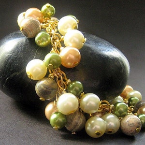 Pearl Bracelet. Gemstone Bracelet. Charm Bracelet in Green Forest Glen Cluster Bracelet. Handmade Bracelet. image 1