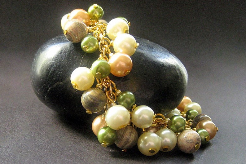 Pearl Bracelet. Gemstone Bracelet. Charm Bracelet in Green Forest Glen Cluster Bracelet. Handmade Bracelet. image 1