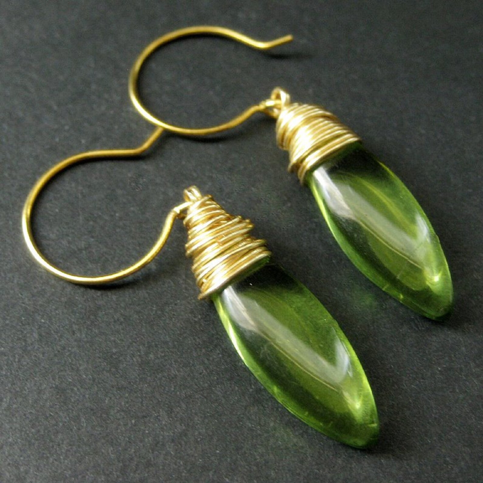 Olive Green Earrings. Wire Wrapped Dangle Earrings. Glass Drop Etsy