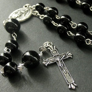 Black Catholic Rosary Beaded in Silver Accents. Mens Rosary. Unisex Rosary. Handmade Rosaries.