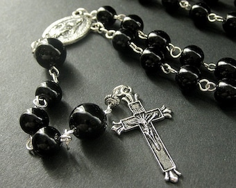 Black Catholic Rosary Beaded in Silver Accents. Mens Rosary. Unisex Rosary. Handmade Rosaries.