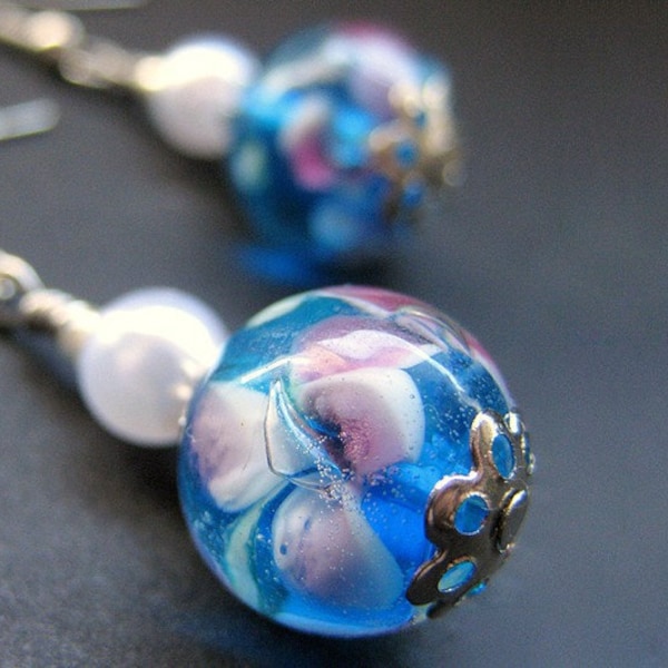 Lampwork Glass Beaded Earrings - Floating Peonies. Handmade Jewelry