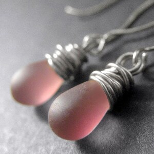 Silver Earrings - Frosted Purple Teardrop Earrings. Purple Drop Earrings. Handmade Earrings.