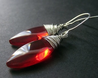 Red Earrings - Wire Wrapped Earrings in Silver. Handmade Jewelry