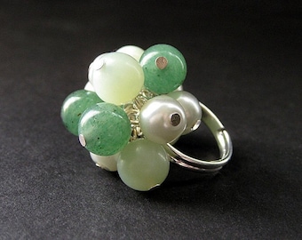 Mint Julep Cocktail Ring Handmade in Jade, Aventurine and Pearls. Handmade.