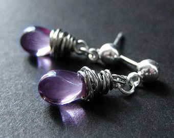 Teardrop Earrings in Amethyst Purple and Posts. Silver Wire Wrapped Earrings. Handmade Earrings.