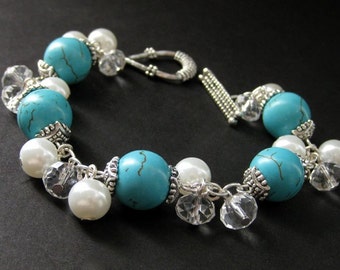 Turquoise Howlite Charm Bracelet with White Pearl, Crystal and Silver. Handmade Jewelry