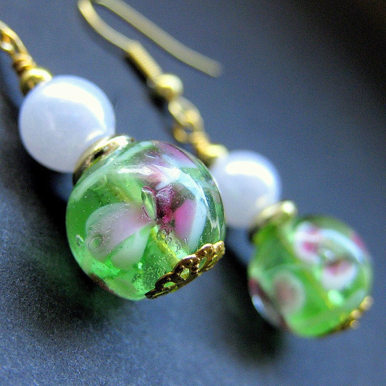 Green Earrings. Lampwork Earrings with Pink Flowers Peony Petals. Handmade Jewelry. image 3