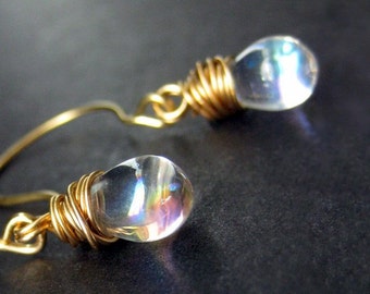Clear Glass Teardrop Earrings, Gold Wire Wrapped. Handmade Jewelry