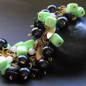 Spring Green Charm Bracelet Beaded in Vintage Beads, Black Glass and Gold Triumphant. Handmade Jewelry image 3