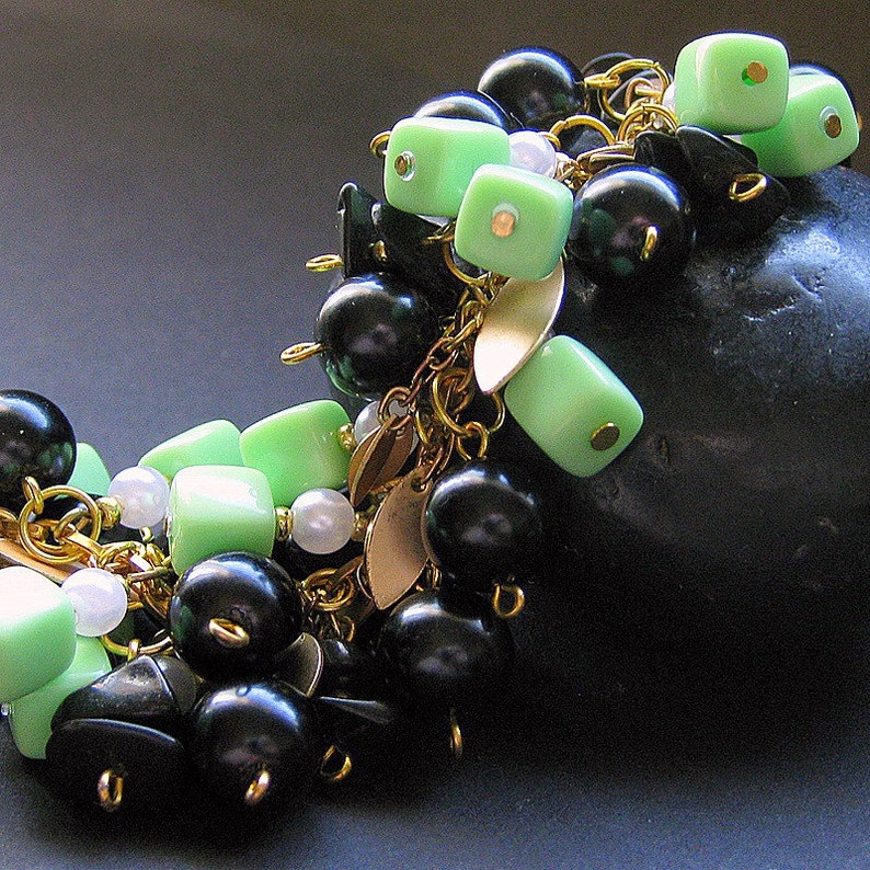 Spring Green Charm Bracelet Beaded in Vintage Beads, Black Glass and Gold Triumphant. Handmade Jewelry image 3