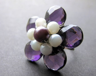 Purple Crystal Flower Ring with Pearls. Handmade Jewelry by Gilliauna
