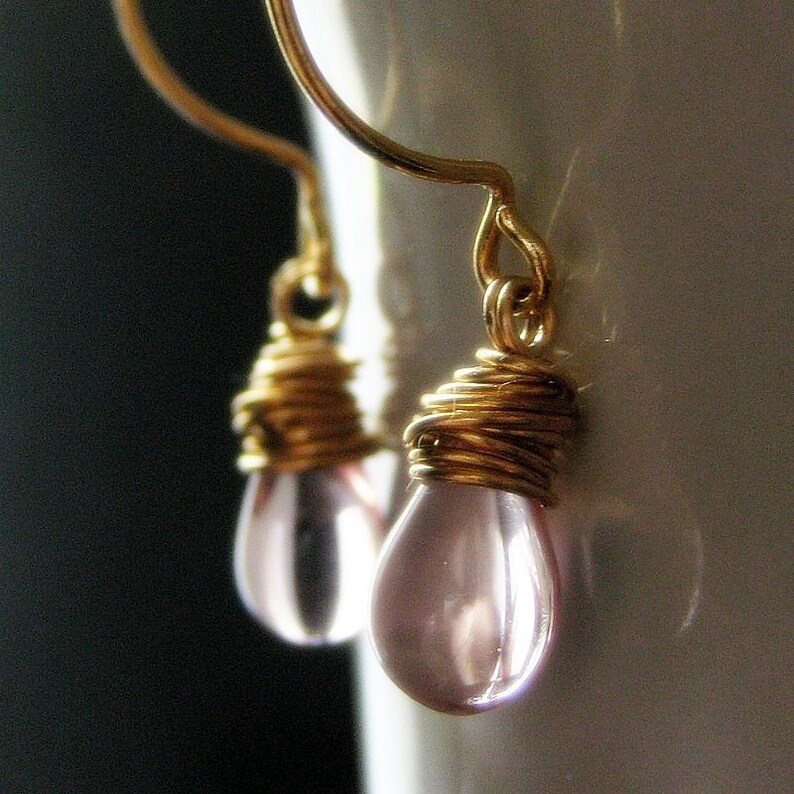 Pink Glass Teardrop Briolette Earrings Wire Wrapped in Gold Elixir of Innocence. Handmade Earrings. image 2