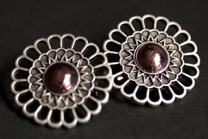 HOLIDAY SALE Set of Two Aged Silver Shoulder Brooches Norse Brooches in Mauve Glass Apron Pins Viking Brooches Handmade Historical Reenact