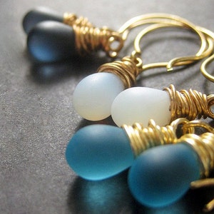 Blue Earrings Set of Three. Briolette Earrings. Dangle Earrings Wire Wrapped in Gold. Handmade Earrings.