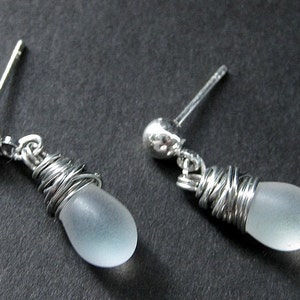 Frosted Glass Teardrop Post Earrings Wire Wrapped in Silver. Handmade Jewelry