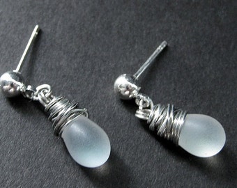 Frosted Glass Teardrop Post Earrings Wire Wrapped in Silver. Handmade Jewelry