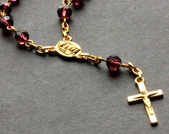 Purple Pocket Rosary. Crystal Rosary. Purple Rosary with Gold Tone Accents. Handmade Rosary.