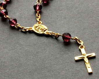 Purple Crystal Pocket Rosary: Gold Tone Handmade Rosary