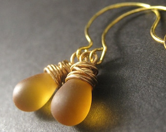 Frosted Honey Earrings. Teardrop Earrings. Gold Wire Wrapped Earrings in a Frosted Honey Hue. Handmade Earrings.