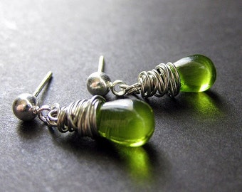 Green Glass Wire Wrapped Teardrop Dangle Stud Earrings in Silver - Elixir of Absinthe. Handmade Earrings.