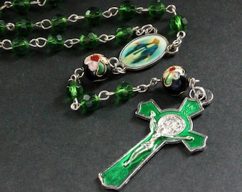 Catholic Rosary in Evergreen Crystals, Cloisonne Flowers and Silver. Crystal Rosary. Green Rosary. Handmade Rosary.