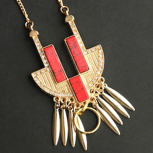 Red Stone and Gold Lanyard. Aztec Dream Badge Lanyard. Red Lanyard Necklace with Rhinestone Accents. ID Badge Holder. Badge Necklace.