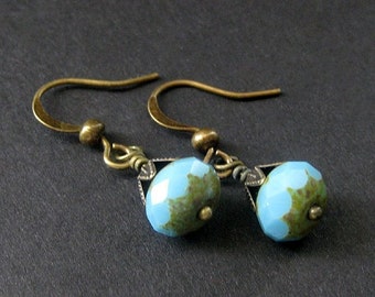 Turquoise Earrings - Glass and Bronze Earrings. Vintage Inspired. Handmade Earrings.