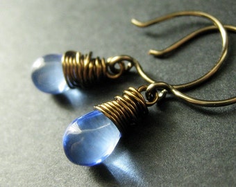 Blue Earrings: Teardrops Wire Wrapped in Bronze - Elixir of Raindrops. Handmade Earrings.