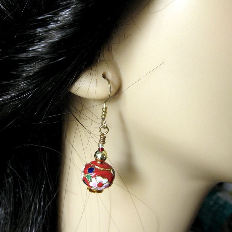 Beaded Flower Earrings Red Cloisonne. Handmade Jewelry by - Etsy