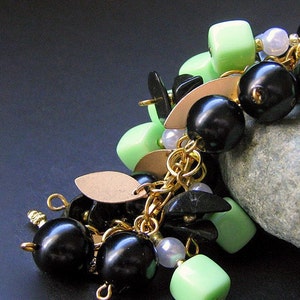 Spring Green Charm Bracelet Beaded in Vintage Beads, Black Glass and Gold Triumphant. Handmade Jewelry image 1