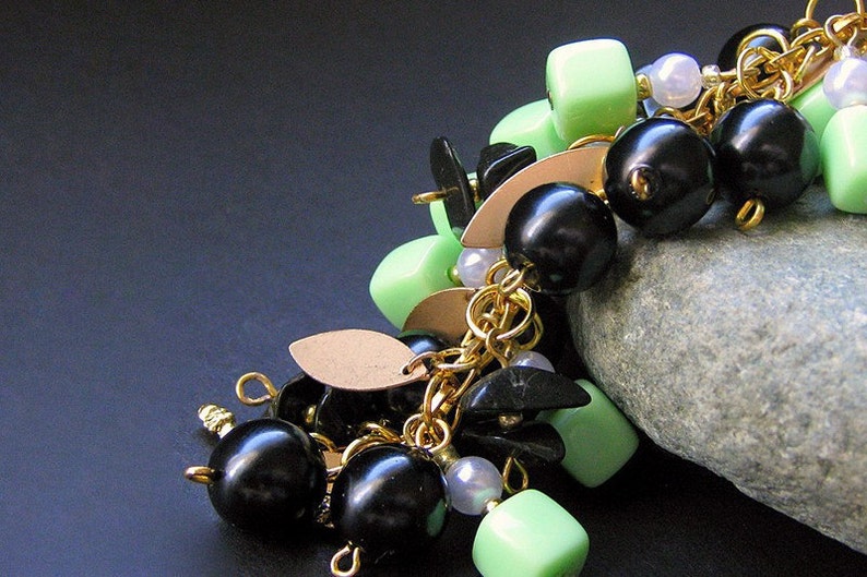 Spring Green Charm Bracelet Beaded in Vintage Beads, Black Glass and Gold Triumphant. Handmade Jewelry image 1