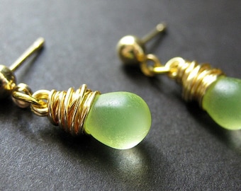 Yellow Green Wire Wrapped Frosted Teardrop Earrings in Gold and Post Earrings. Handmade Earrings.