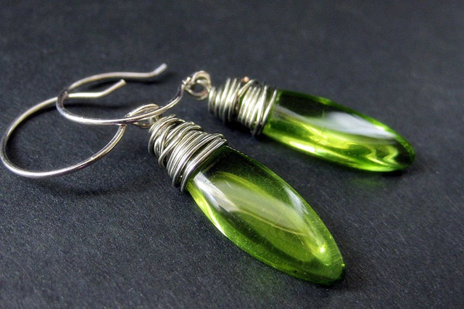 Olive Green Earrings. Wire Wrapped Dangle Earrings. Glass Drop Etsy