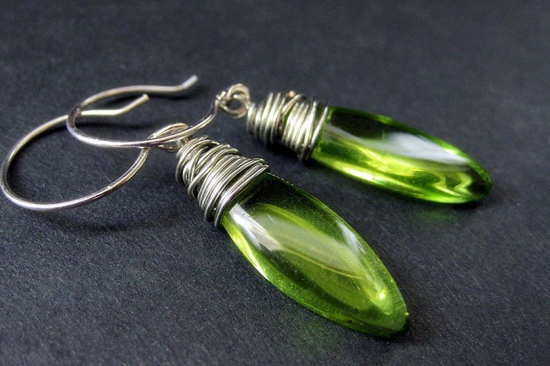 Olive Green Earrings. Wire Wrapped Dangle Earrings. Glass Drop Earrings. Handmade Earrings. image 4