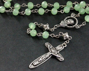Holy Rosary. Sea Green Crystal Rosary in Silver. Catholic Rosary. Aqua Rosary. Handmade Rosary.