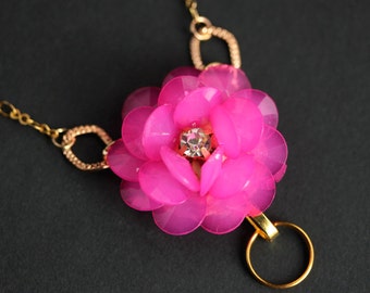 Hot Pink Lanyard. Hot Pink Badge Lanyard. Floral Lanyard. Gold Lanyard. Flower Lanyard Necklace. Badge Necklace. Handmade Lanyard.