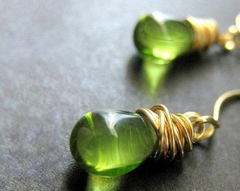 Green Teardrop Earrings - Dangle Earrings, Gold Wire Wrapped Earrings. Handmade Earrings.