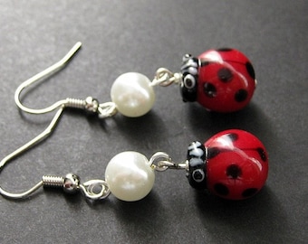 Lovely Ladybug Earrings Handmade with Lampwork Beads. Artisan Jewelry