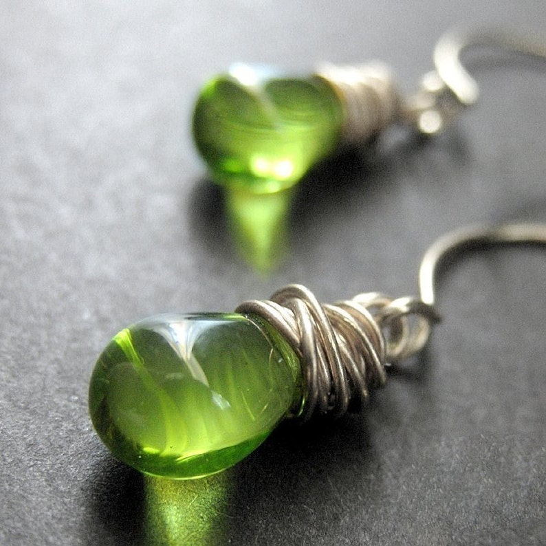 Green Earrings. Teardrop Earrings. Wire Wrapped Earrings in Green and Silver. Elixir of Absinthe. Handmade Earrings. image 2